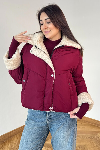 CKT-12476 Bordo Kürklü Astarlı Şişme Mont