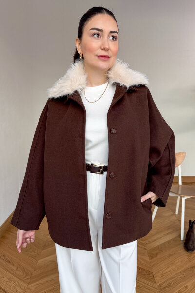 CKT-12478 Acı Kahve Çıkarılabilir Kürklü Premium Kaşe Kaban - 6