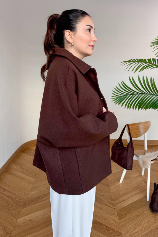 CKT-12478 Acı Kahve Çıkarılabilir Kürklü Premium Kaşe Kaban - 5