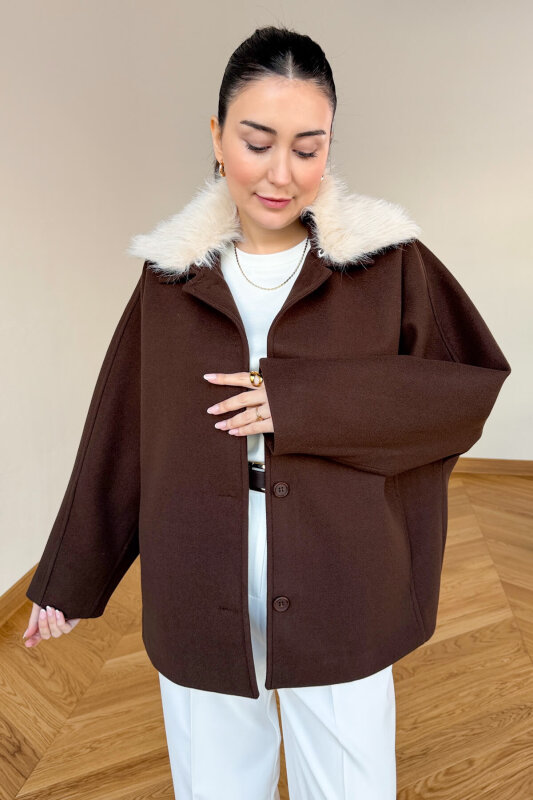 CKT-12478 Acı Kahve Çıkarılabilir Kürklü Premium Kaşe Kaban - 9