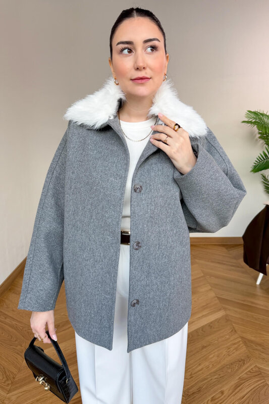 CKT-12478 Gri Çıkarılabilir Kürklü Premium Kaşe Kaban - 1