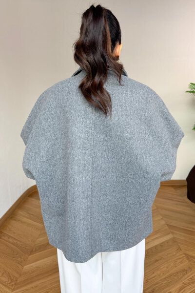 CKT-12478 Gri Çıkarılabilir Kürklü Premium Kaşe Kaban - 4