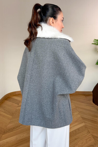 CKT-12478 Gri Çıkarılabilir Kürklü Premium Kaşe Kaban - 5