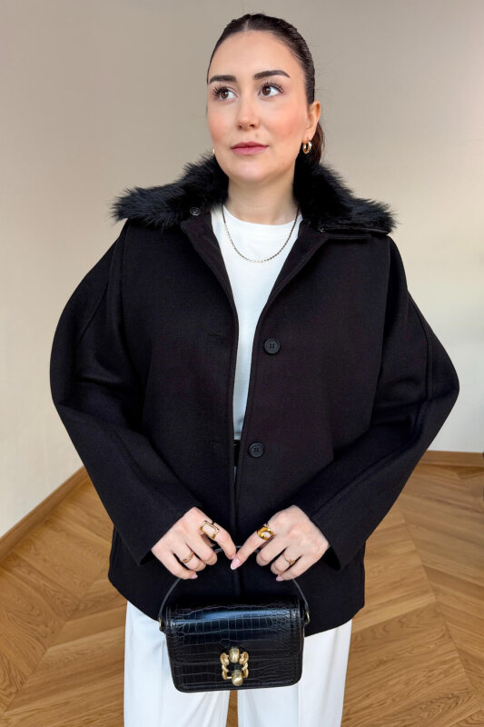 CKT-12478 Siyah Çıkarılabilir Kürklü Premium Kaşe Kaban - 1