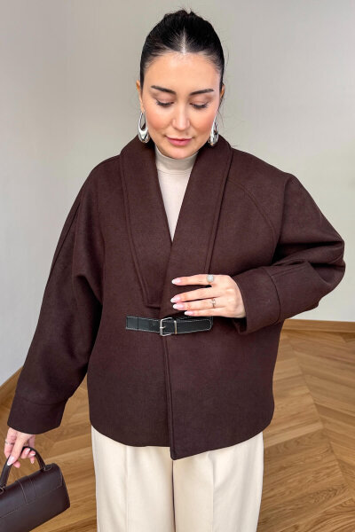 CKT-12479 Acı Kahve Deri Kemer Tokalı İthal Kaşe Ceket