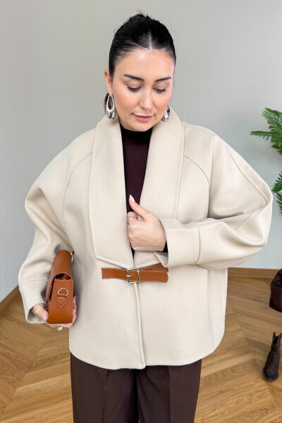 CKT-12479 Bej Deri Kemer Tokalı İthal Kaşe Ceket