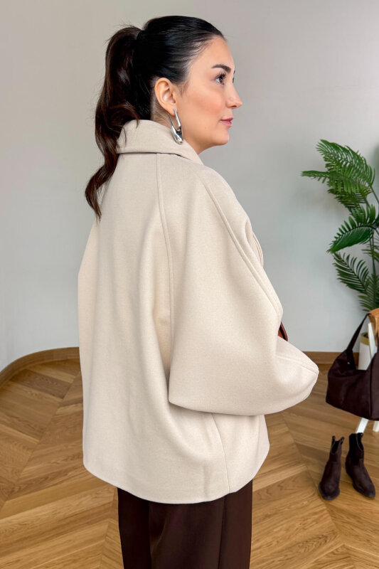 CKT-12479 Bej Deri Kemer Tokalı İthal Kaşe Ceket - 3