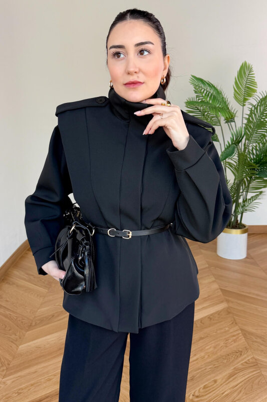 CKT-12480 Siyah Pamuklu Poliviskon Apoletli Dik Yaka Kemerli Ceket - 1