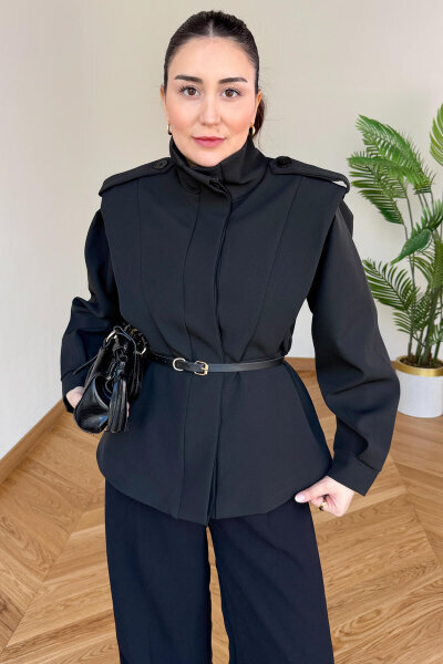 CKT-12480 Siyah Pamuklu Poliviskon Apoletli Dik Yaka Kemerli Ceket - 4