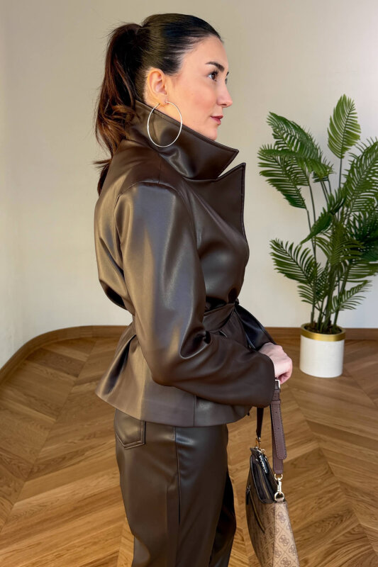 CKT-12481 Acı Kahve Astarlı Kuşaklı Vatkalı Suni Deri Ceket - 6