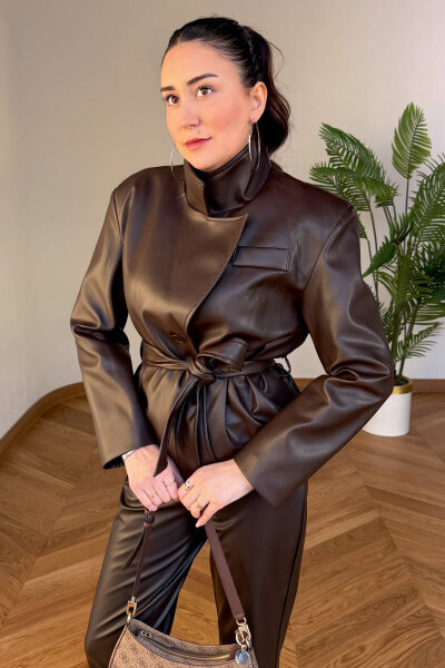 CKT-12481 Acı Kahve Astarlı Kuşaklı Vatkalı Suni Deri Ceket - 3