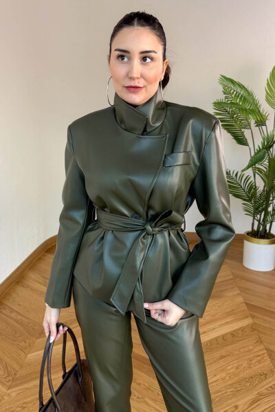CKT-12481 Haki Astarlı Kuşaklı Vatkalı Suni Deri Ceket - Cappmoda (1)