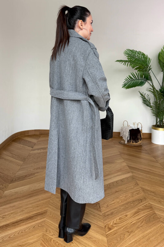 CKT-12482 Füme Premium Kaşe Kemerli Apoletli Uzun Kaban - 3