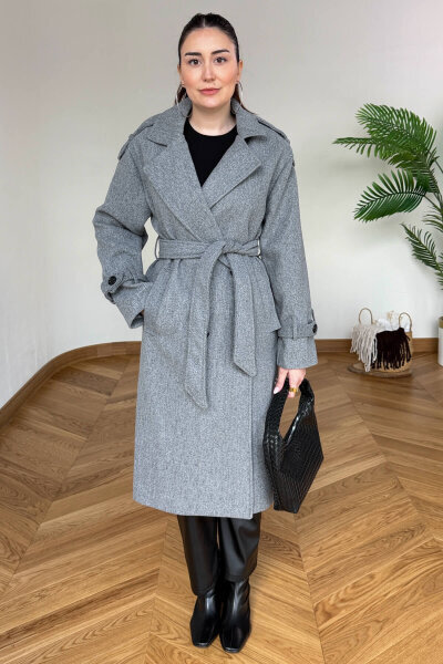 CKT-12482 Füme Premium Kaşe Kemerli Apoletli Uzun Kaban (1)