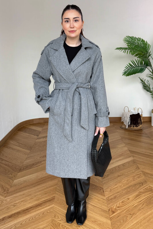 CKT-12482 Füme Premium Kaşe Kemerli Apoletli Uzun Kaban - 2