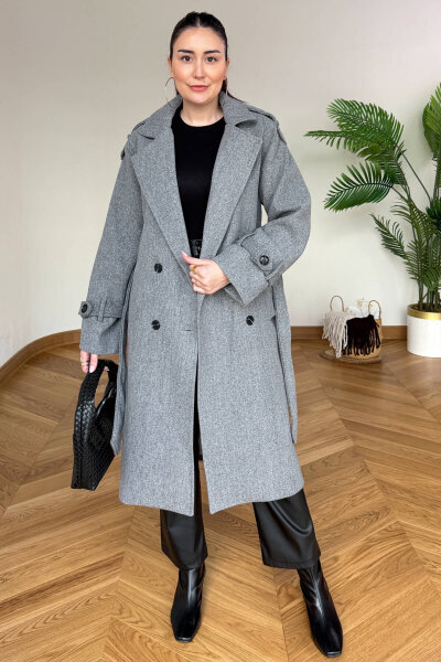 CKT-12482 Füme Premium Kaşe Kemerli Apoletli Uzun Kaban