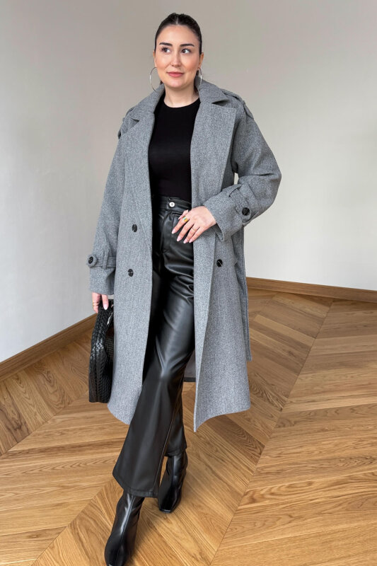 CKT-12482 Füme Premium Kaşe Kemerli Apoletli Uzun Kaban - 4