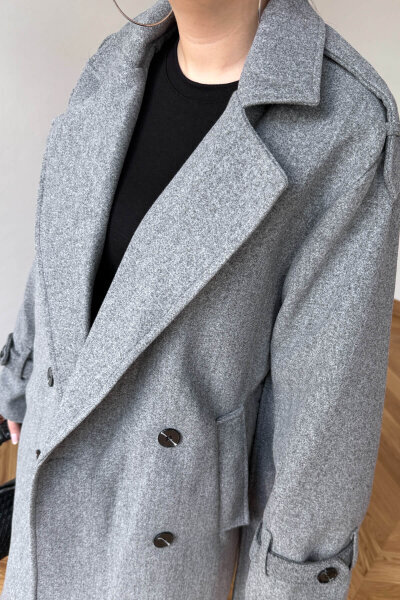 CKT-12482 Füme Premium Kaşe Kemerli Apoletli Uzun Kaban - 6