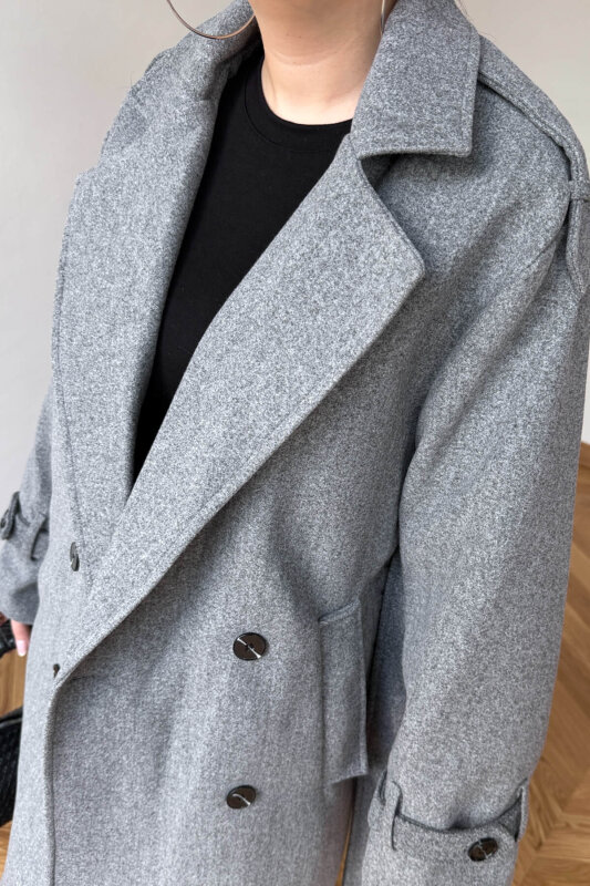 CKT-12482 Füme Premium Kaşe Kemerli Apoletli Uzun Kaban - 6