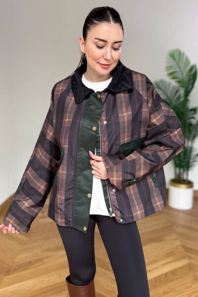 CKT-12483 Kahverengi Kadife Yakalı Ekose Muadil Ceket