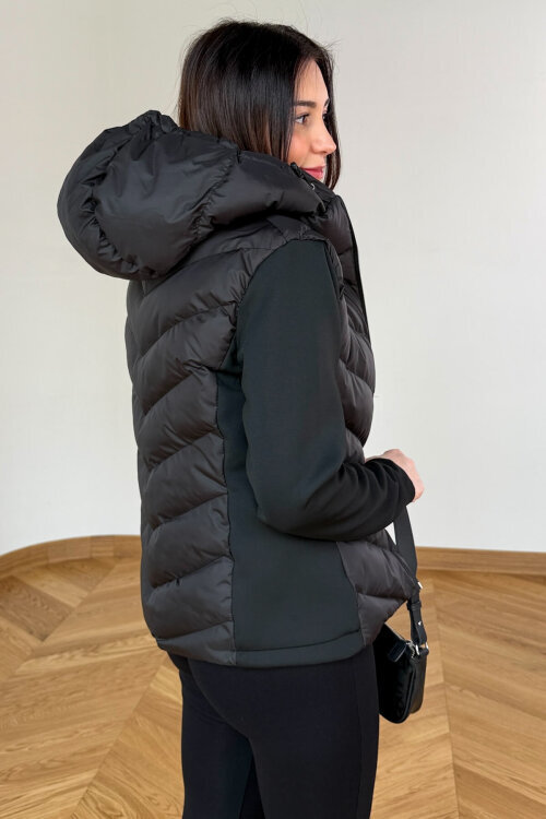 CKT-12484 Siyah Scuba Kollu Kapitone Tasarım Kapüşonlu Mont - 4