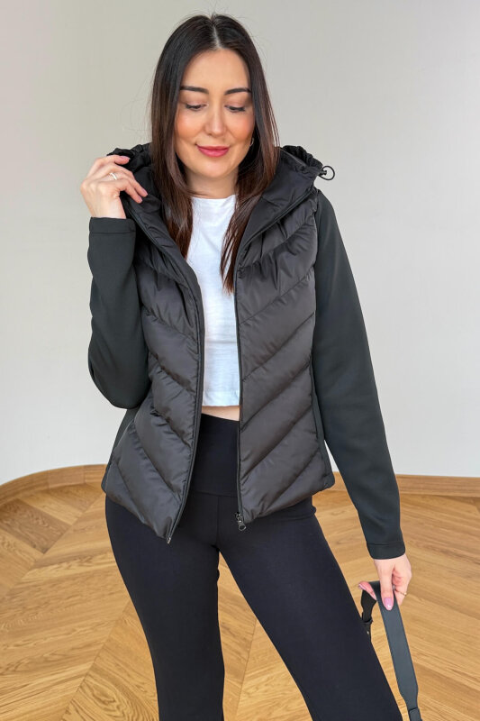 CKT-12484 Siyah Scuba Kollu Kapitone Tasarım Kapüşonlu Mont - 3