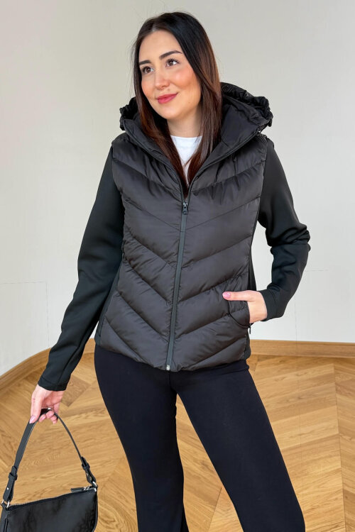 CKT-12484 Siyah Scuba Kollu Kapitone Tasarım Kapüşonlu Mont - 5