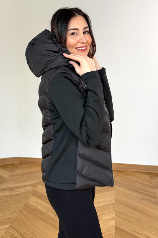 CKT-12484 Siyah Scuba Kollu Kapitone Tasarım Kapüşonlu Mont - 6