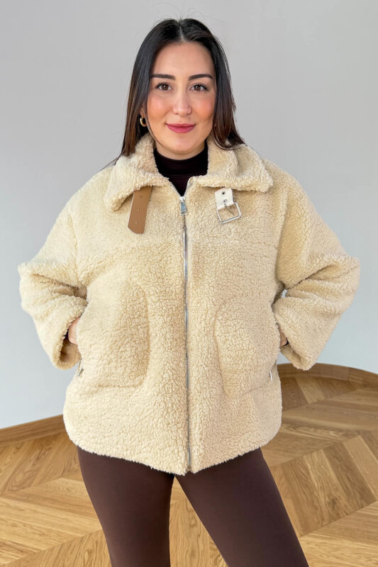 CKT-12485 Krem Kemer Yaka Detaylı Fermuarlı Teddy Mont - 1