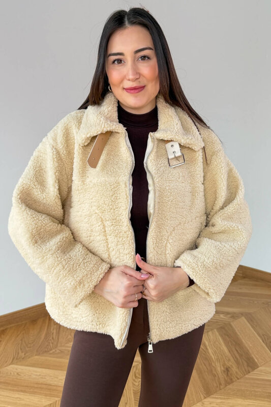 CKT-12485 Krem Kemer Yaka Detaylı Fermuarlı Teddy Mont - 2