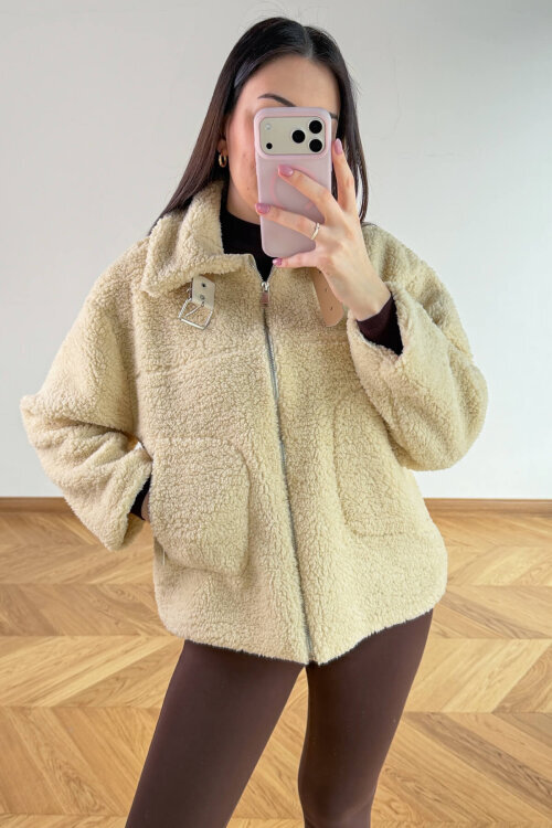 CKT-12485 Krem Kemer Yaka Detaylı Fermuarlı Teddy Mont - 3