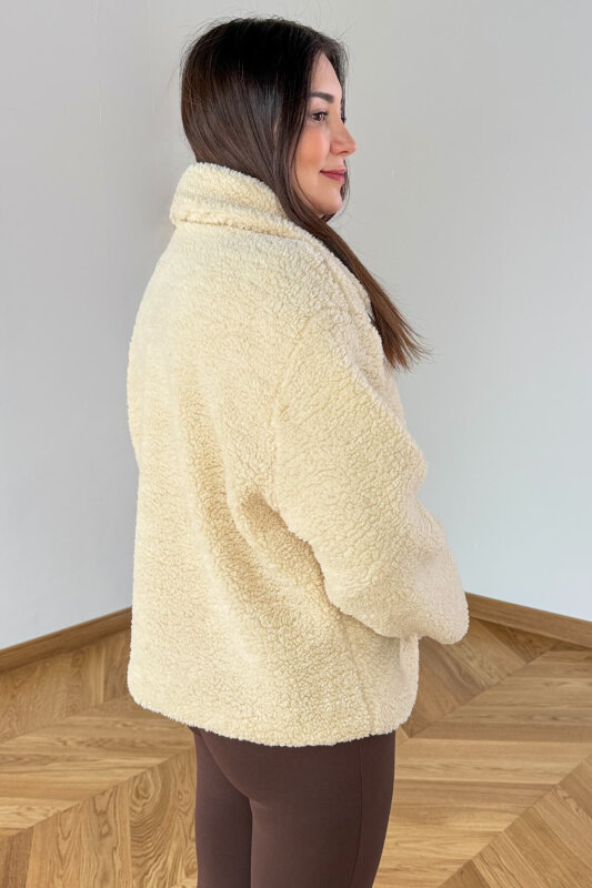 CKT-12485 Krem Kemer Yaka Detaylı Fermuarlı Teddy Mont - 4