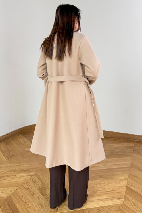 CKT-12486 Bej Kruvaze Yaka Kuşaklı Premium Kaşe Kaban - 3