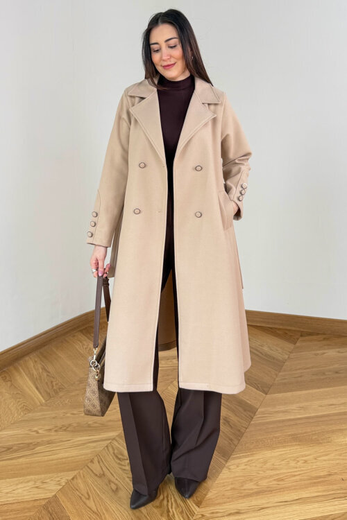 CKT-12486 Bej Kruvaze Yaka Kuşaklı Premium Kaşe Kaban - 4