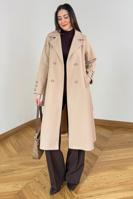 CKT-12486 Bej Kruvaze Yaka Kuşaklı Premium Kaşe Kaban - 4