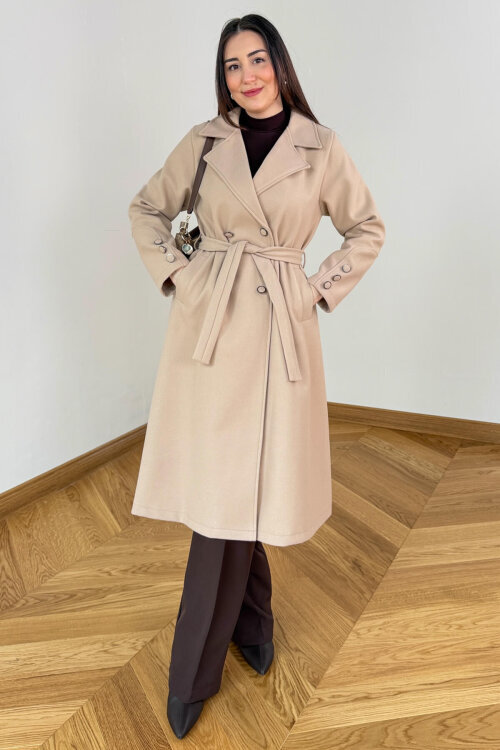 CKT-12486 Bej Kruvaze Yaka Kuşaklı Premium Kaşe Kaban