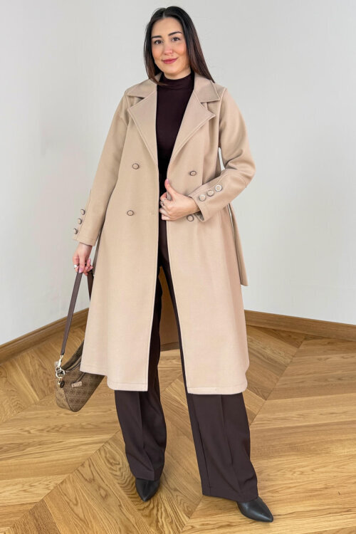 CKT-12486 Bej Kruvaze Yaka Kuşaklı Premium Kaşe Kaban (1)