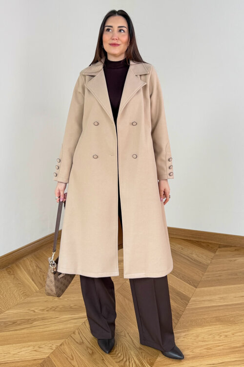 CKT-12486 Bej Kruvaze Yaka Kuşaklı Premium Kaşe Kaban - 5