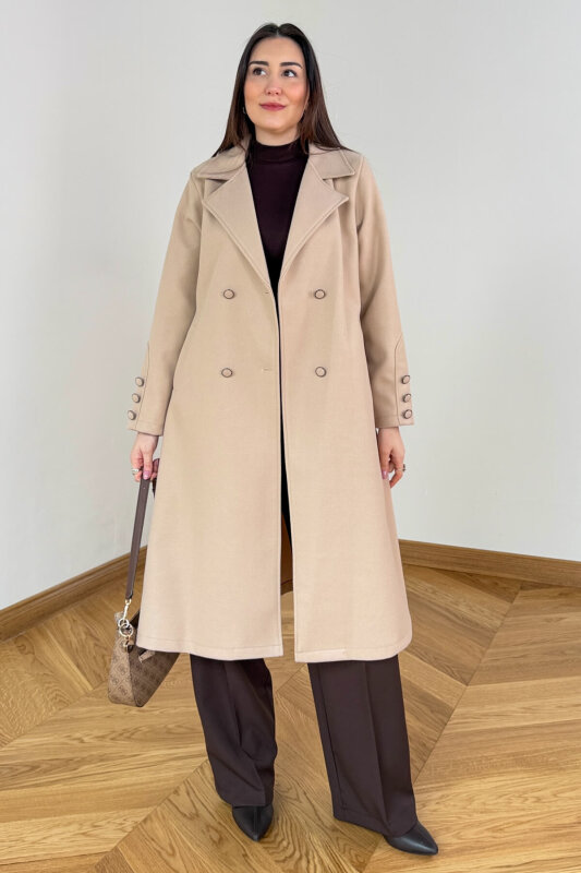 CKT-12486 Bej Kruvaze Yaka Kuşaklı Premium Kaşe Kaban - 5