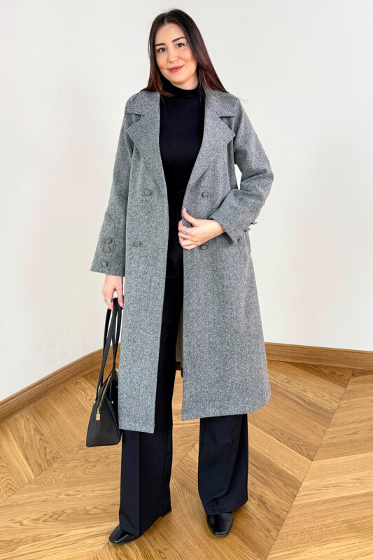 CKT-12486 Füme Kruvaze Yaka Kuşaklı Premium Kaşe Kaban - 1