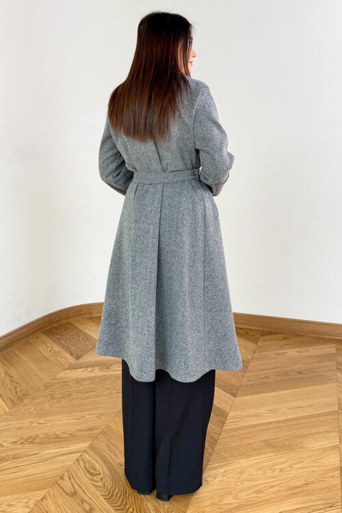 CKT-12486 Füme Kruvaze Yaka Kuşaklı Premium Kaşe Kaban - 4