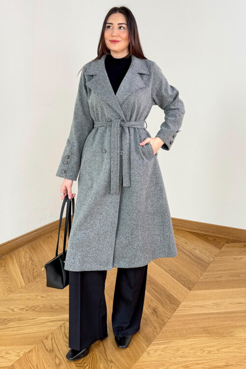 CKT-12486 Füme Kruvaze Yaka Kuşaklı Premium Kaşe Kaban (1)