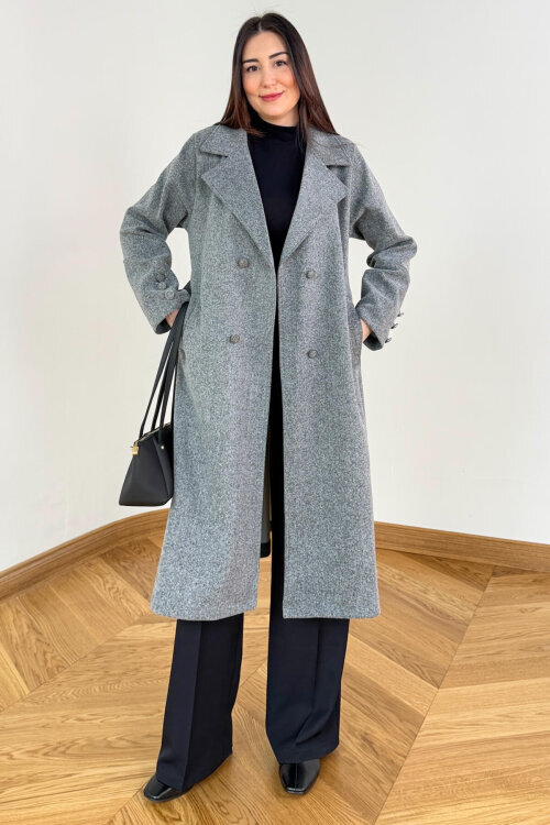 CKT-12486 Füme Kruvaze Yaka Kuşaklı Premium Kaşe Kaban - 5