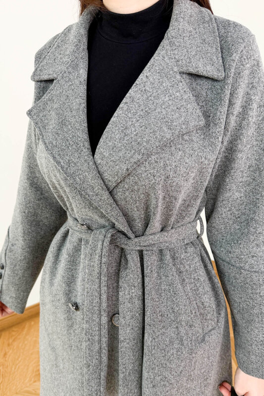 CKT-12486 Füme Kruvaze Yaka Kuşaklı Premium Kaşe Kaban - 3