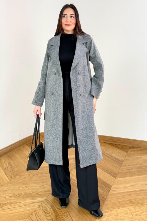 CKT-12486 Füme Kruvaze Yaka Kuşaklı Premium Kaşe Kaban - 6