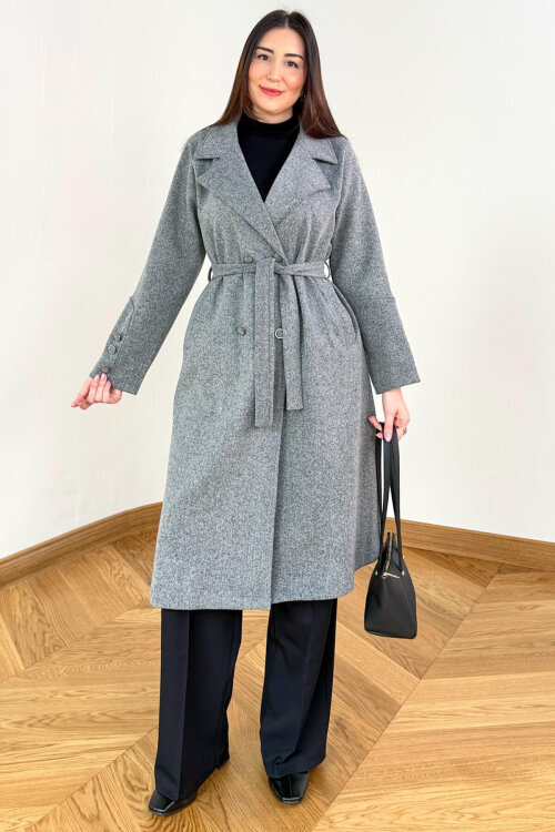 CKT-12486 Füme Kruvaze Yaka Kuşaklı Premium Kaşe Kaban - 7