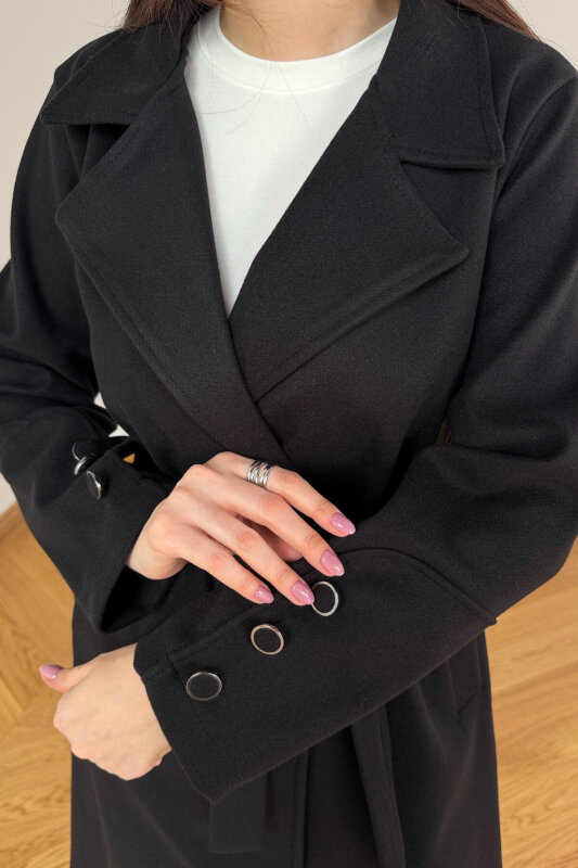 CKT-12486 Siyah Kruvaze Yaka Kuşaklı Premium Kaşe Kaban - 3