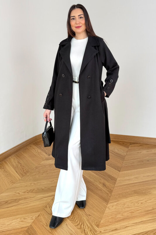 CKT-12486 Siyah Kruvaze Yaka Kuşaklı Premium Kaşe Kaban - 2