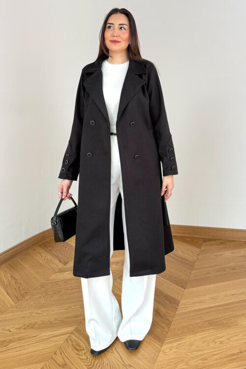 CKT-12486 Siyah Kruvaze Yaka Kuşaklı Premium Kaşe Kaban - 4