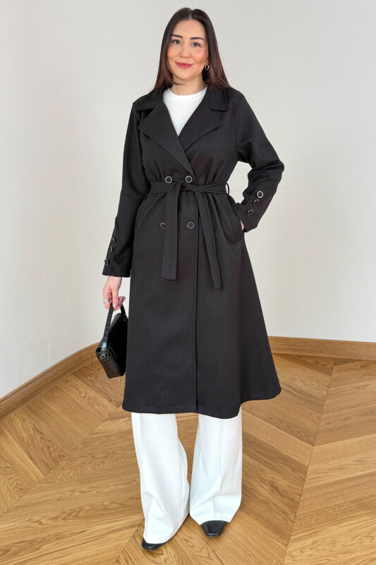 CKT-12486 Siyah Kruvaze Yaka Kuşaklı Premium Kaşe Kaban - 1